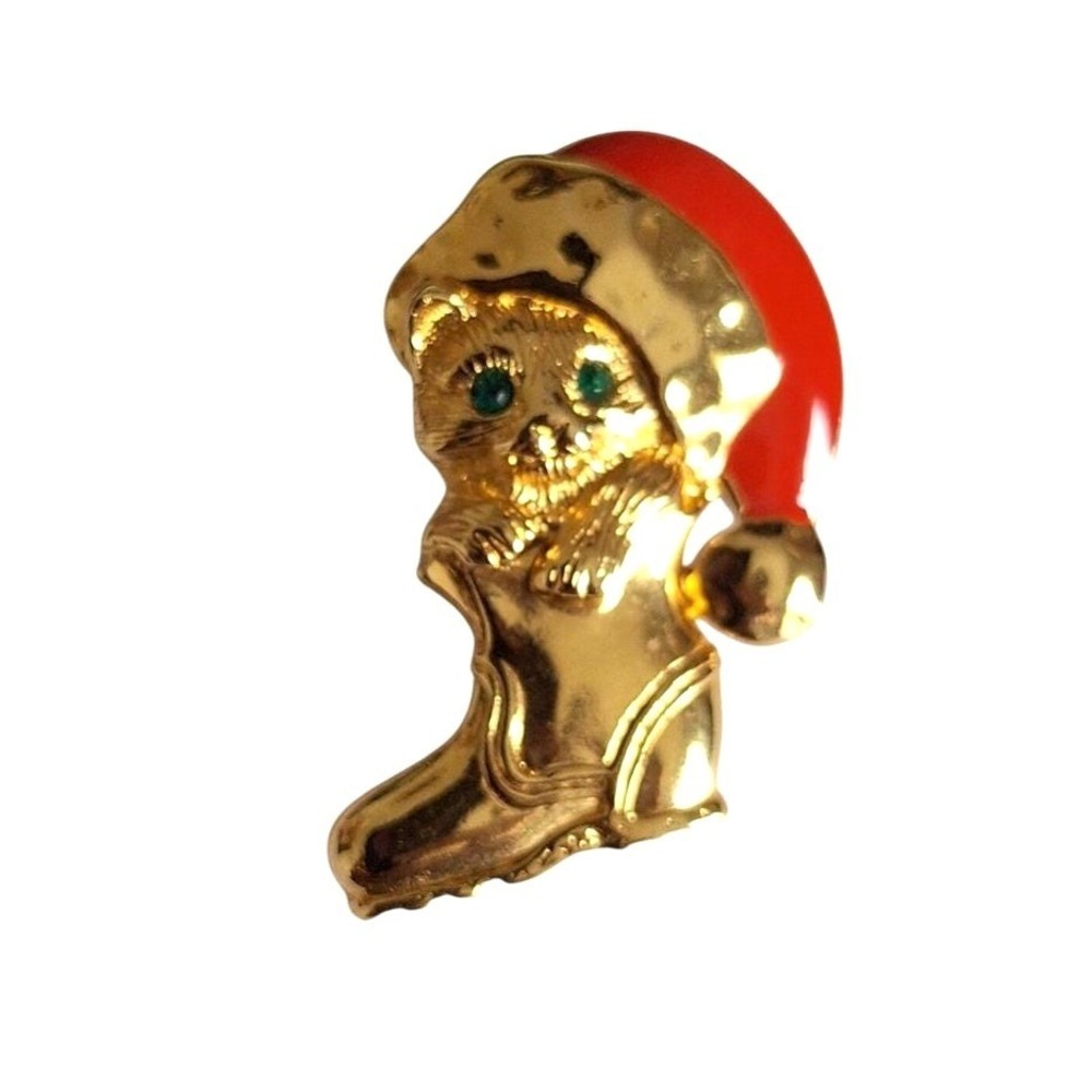 Vintage Avon Christmas Kitten in Stocking Pin Gold Tone Red Enamel Green Eyes